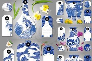 青花瓷与花朵元素标签设计矢量素材